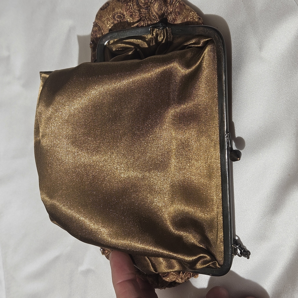 Moyna Brown Sequined Brocade Clutch with Metal Frame - Picture 2 of 7